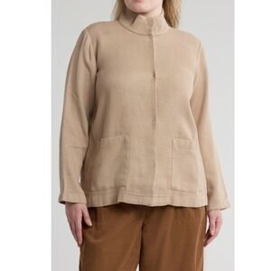 Eileen Fisher Stand Collar Jacket Wheat Textured Organic Linen‎ Cotton Large NWT